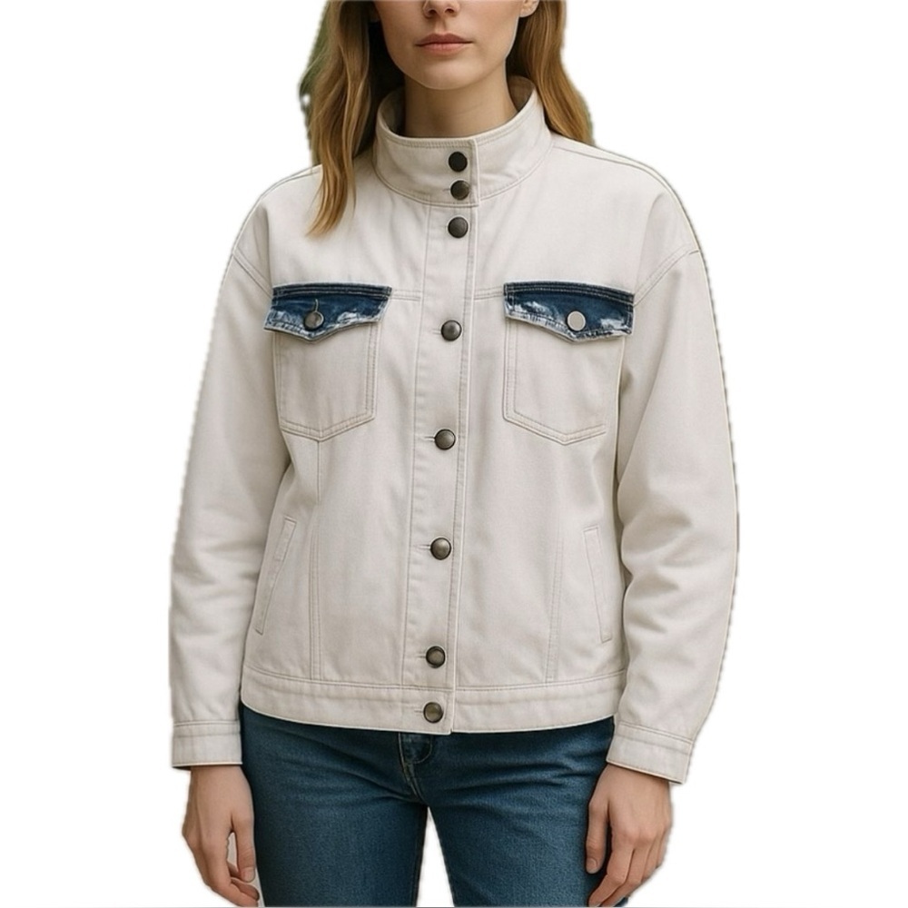 Cabi Drew Jacket #5853 White Light blue/Blue Fade Wash Women Size M